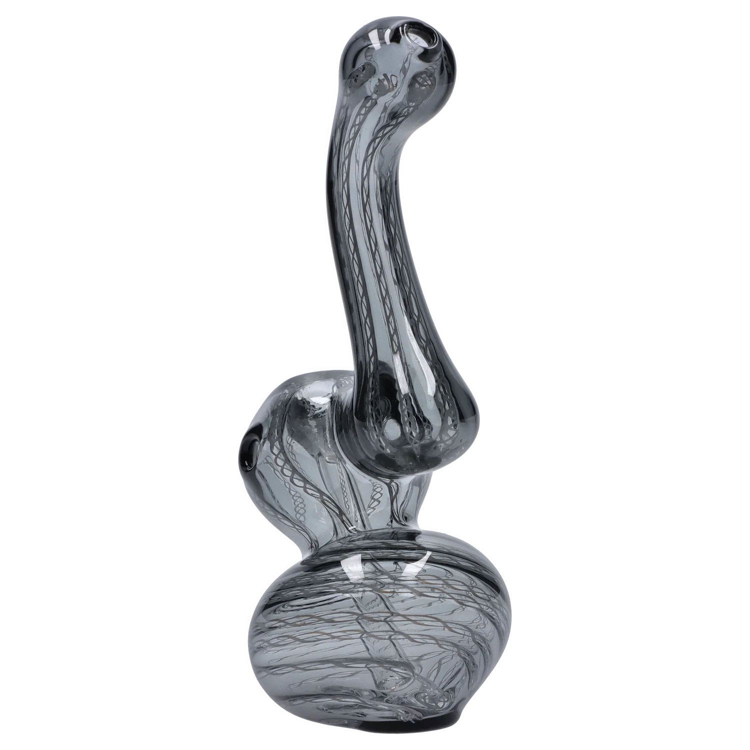 Angled close-up of the Smoke Cartel Mini Bubbler with Colored Tube showing its curved smoke chamber and black swirl tubing inside.