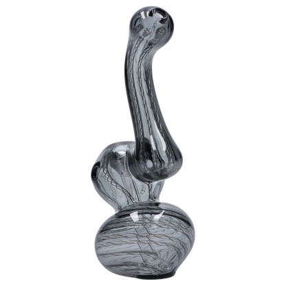 Angled close-up of the Smoke Cartel Mini Bubbler with Colored Tube showing its curved smoke chamber and black swirl tubing inside.