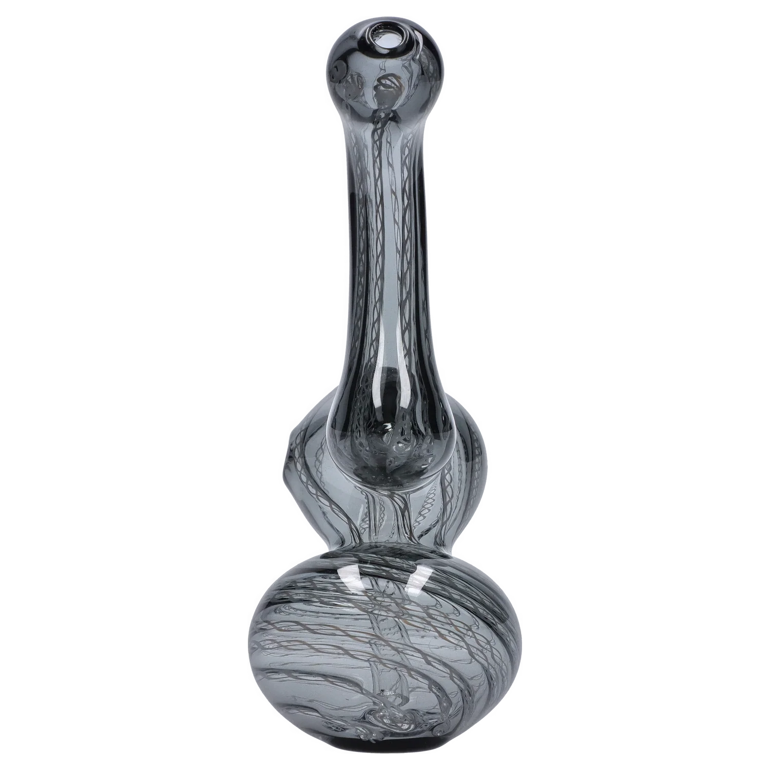 Top-down view of the Smoke Cartel Mini Bubbler with Colored Tube showing its smoky glass bulb and long slender neck with swirling internal thread patterns.