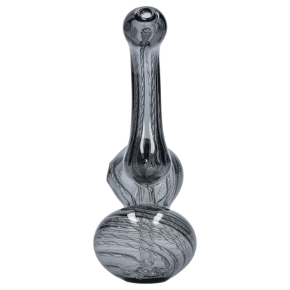 Top-down view of the Smoke Cartel Mini Bubbler with Colored Tube showing its smoky glass bulb and long slender neck with swirling internal thread patterns.