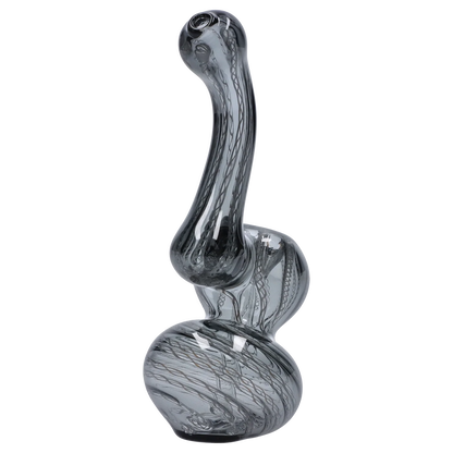 Close-up side view of the Smoke Cartel Mini Bubbler with Colored Tube showing its twisted double-bulb gray glass body and internal black ribbon pattern.