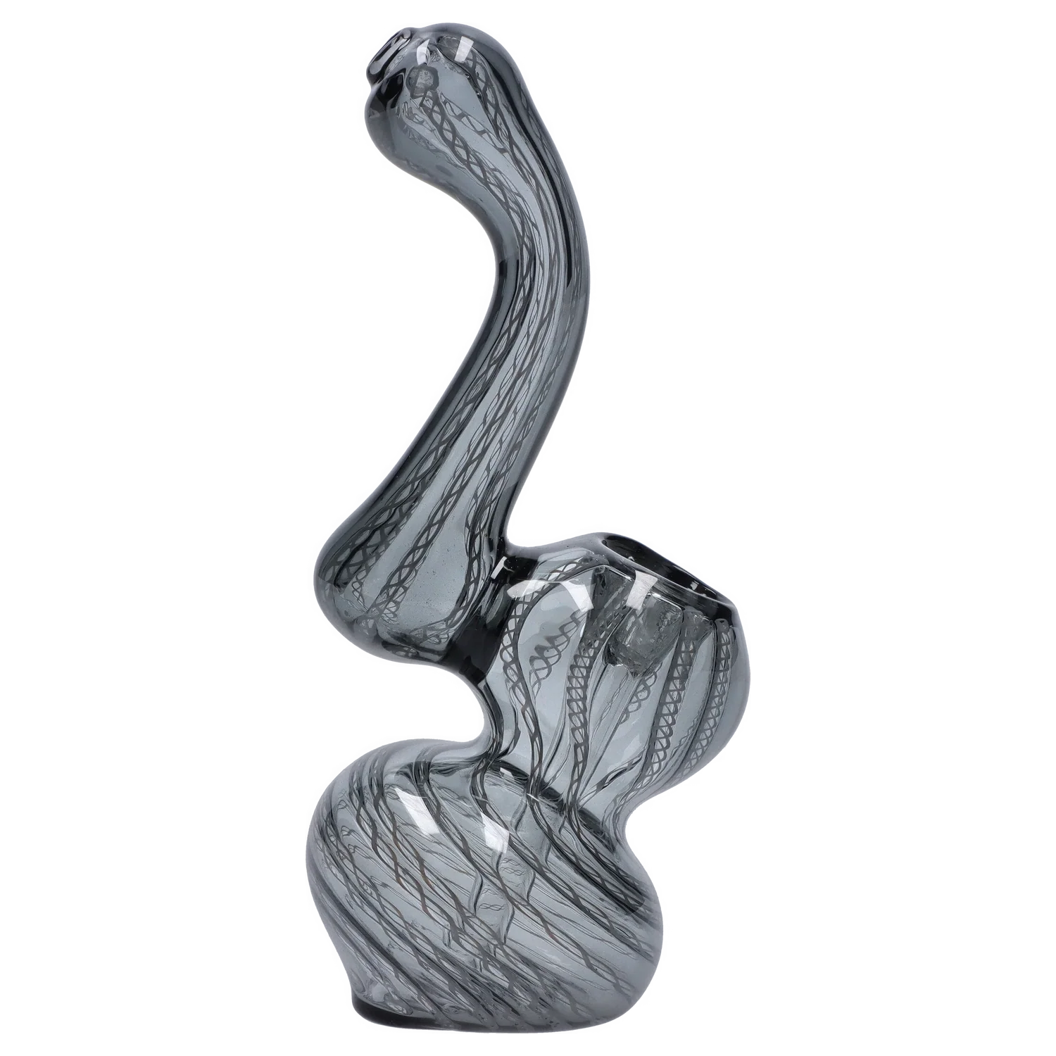 Side view of the Smoke Cartel Mini Bubbler with Colored Tube showing its twisted S-shaped gray glass body with black ribbon-like internal striping.