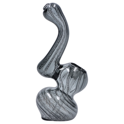Side view of the Smoke Cartel Mini Bubbler with Colored Tube showing its twisted S-shaped gray glass body with black ribbon-like internal striping.