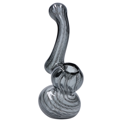 Angled close-up of the Smoke Cartel Mini Bubbler with Colored Tube showing its smoky glass body and swirling internal cane patterns.