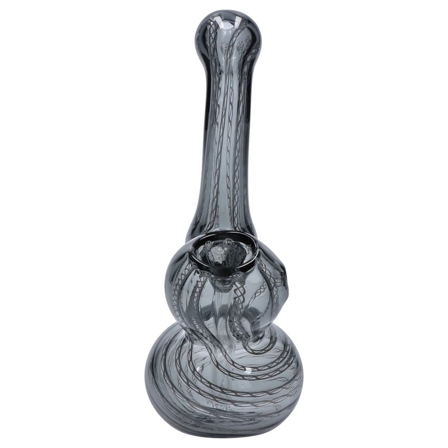 Top-down view of the Smoke Cartel Mini Bubbler with Colored Tube showing its gray glass swirl pattern and rounded bulbous base.
