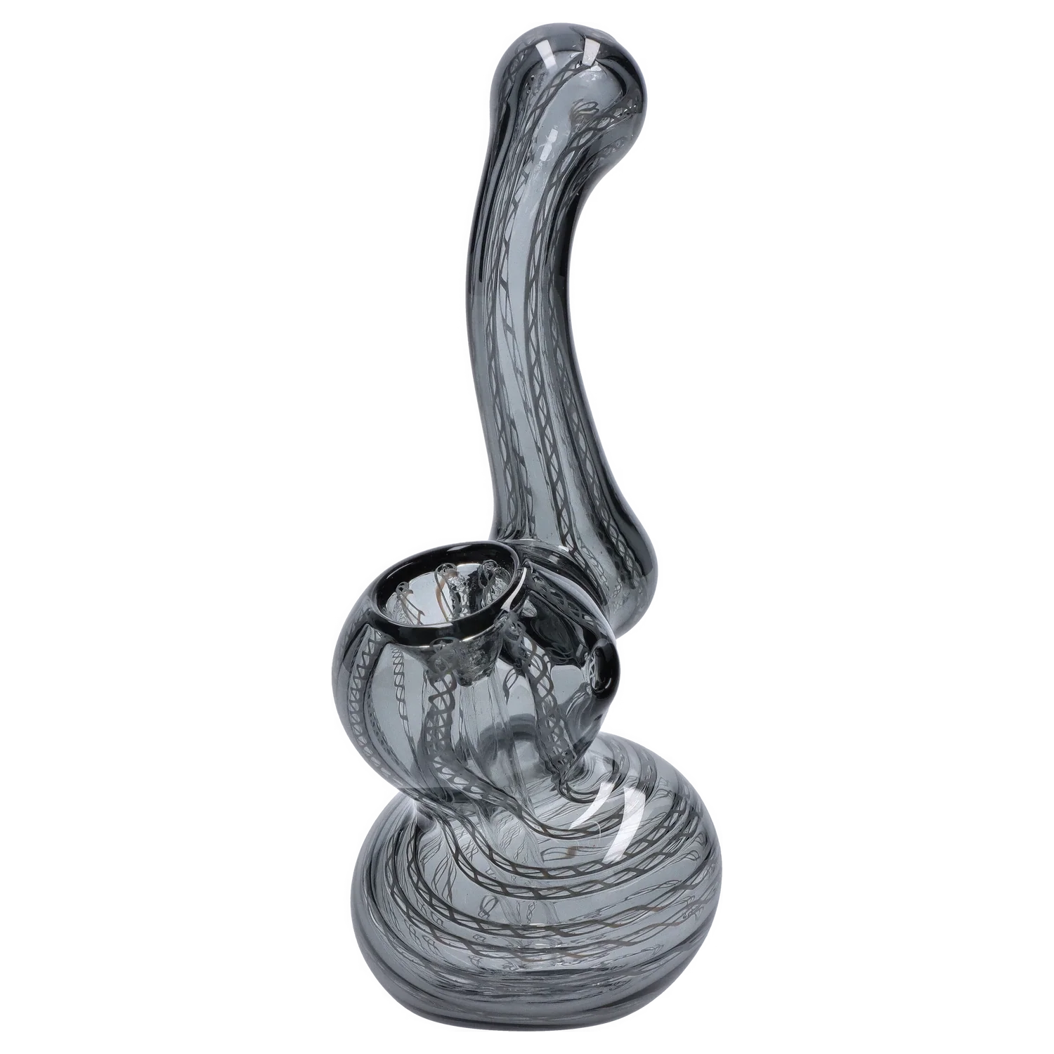 Angled close-up of the Smoke Cartel Mini Bubbler with Colored Tube showing its curved gray glass neck and bulbous patterned base.