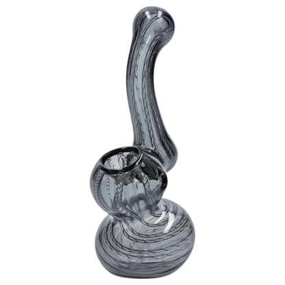 Angled close-up of the Smoke Cartel Mini Bubbler with Colored Tube showing its curved gray glass neck and bulbous patterned base.