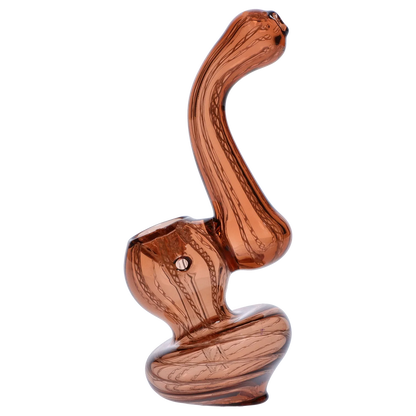 Angled side view of the Smoke Cartel Mini Bubbler with Colored Tube in amber glass showing its curved neck, bulbous chamber, and twisted base.