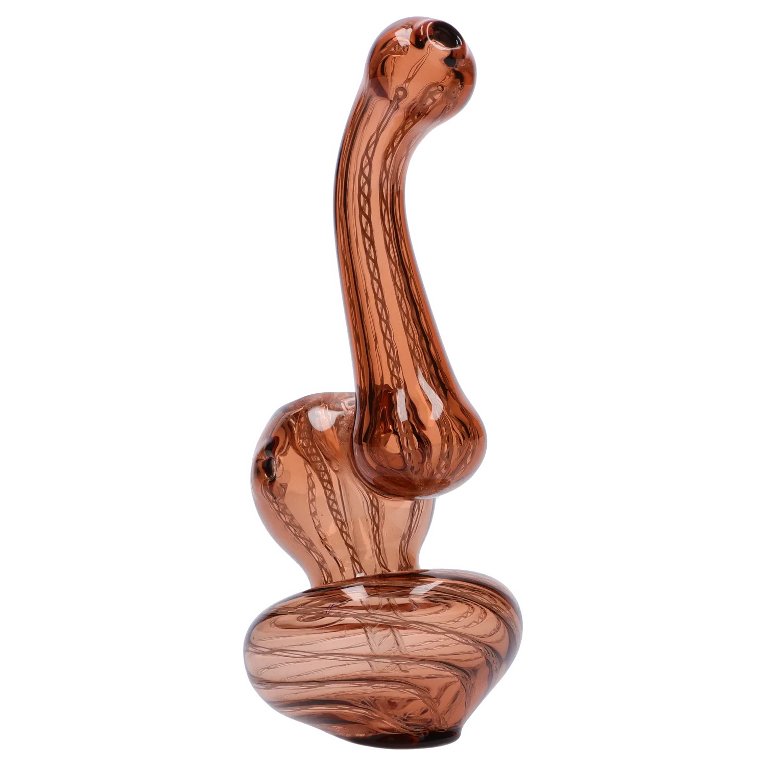 Three-quarter view of the amber Smoke Cartel Mini Bubbler with Colored Tube showing its curved neck, bulbous midsection, and swirled internal color lines against a white background