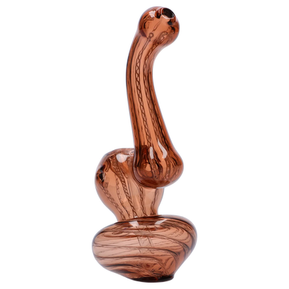 Three-quarter view of the amber Smoke Cartel Mini Bubbler with Colored Tube showing its curved neck, bulbous midsection, and swirled internal color lines against a white background