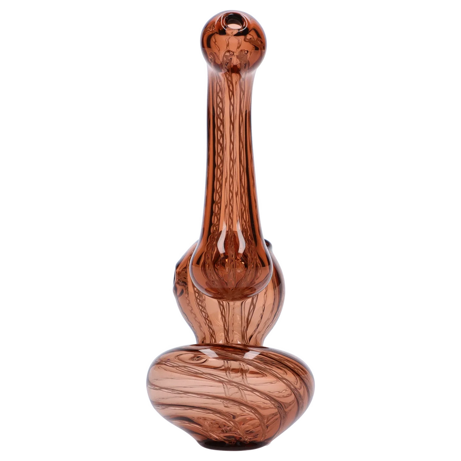Tall front view of the Smoke Cartel Mini Bubbler with Colored Tube in amber glass, shown centered against a soft gray gradient.