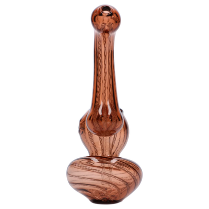 Tall front view of the Smoke Cartel Mini Bubbler with Colored Tube in amber glass, shown centered against a soft gray gradient.