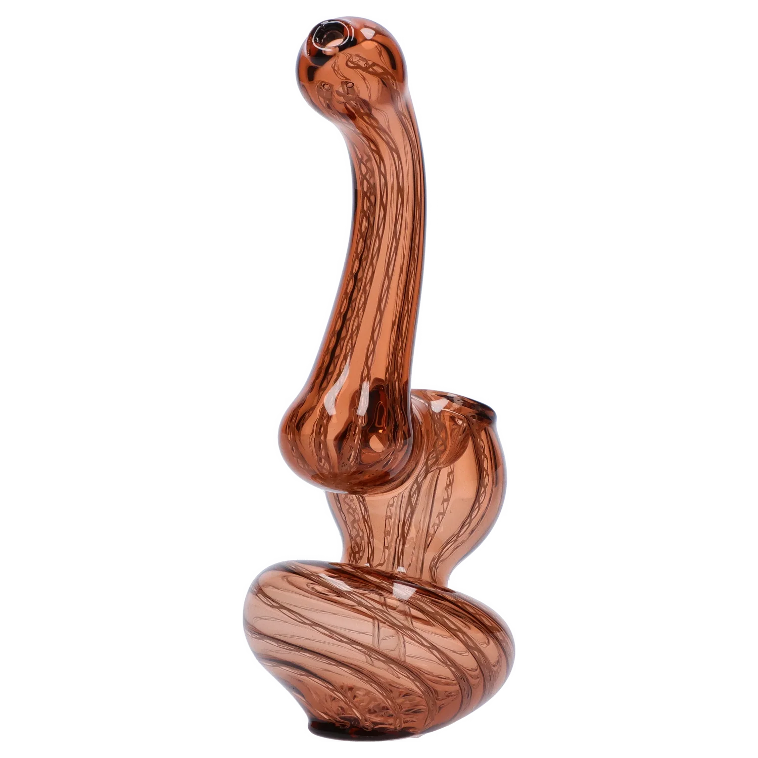 Tall angled studio view of the Smoke Cartel Mini Bubbler with Colored Tube in translucent amber glass with internal twist patterns.
