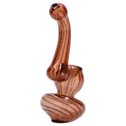 Tall angled studio view of the Smoke Cartel Mini Bubbler with Colored Tube in translucent amber glass with internal twist patterns.