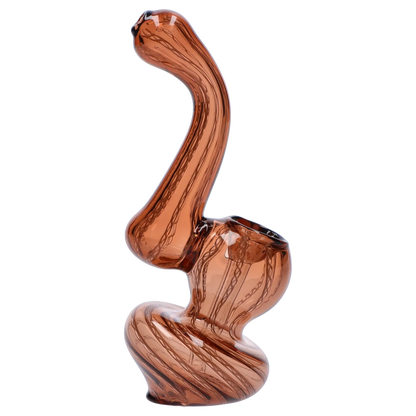 Side view of the Smoke Cartel Mini Bubbler with Colored Tube in amber glass, showing its twisted spiral base and curved neck against a white background.