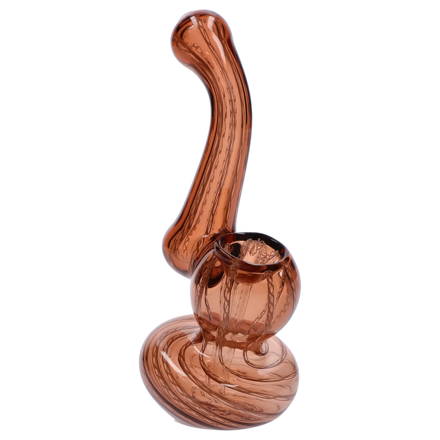 Angled close-up of the amber Smoke Cartel Mini Bubbler with Colored Tube showing its curved neck, round bowl, and swirled base against a white background