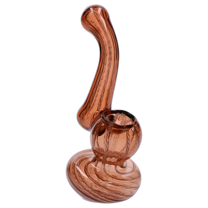 Angled close-up of the amber Smoke Cartel Mini Bubbler with Colored Tube showing its curved neck, round bowl, and swirled base against a white background