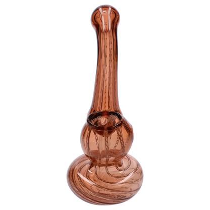 Centered front view of the Smoke Cartel Mini Bubbler with Colored Tube showing an amber glass bulb base and long swirled neck against a white background