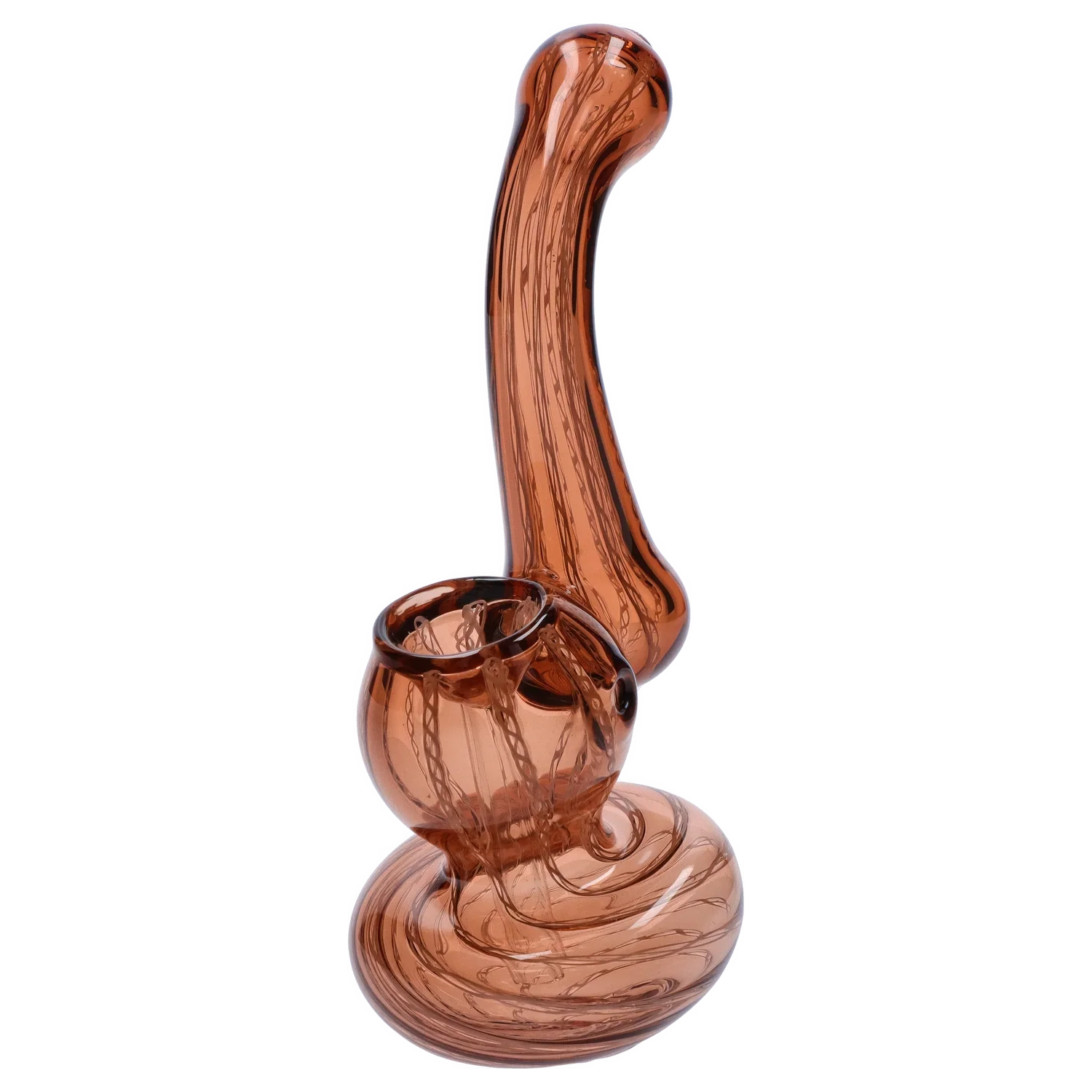 Angled close-up of the amber glass Smoke Cartel Mini Bubbler with Colored Tube showing its rounded base, curved neck, and internal swirl pattern
