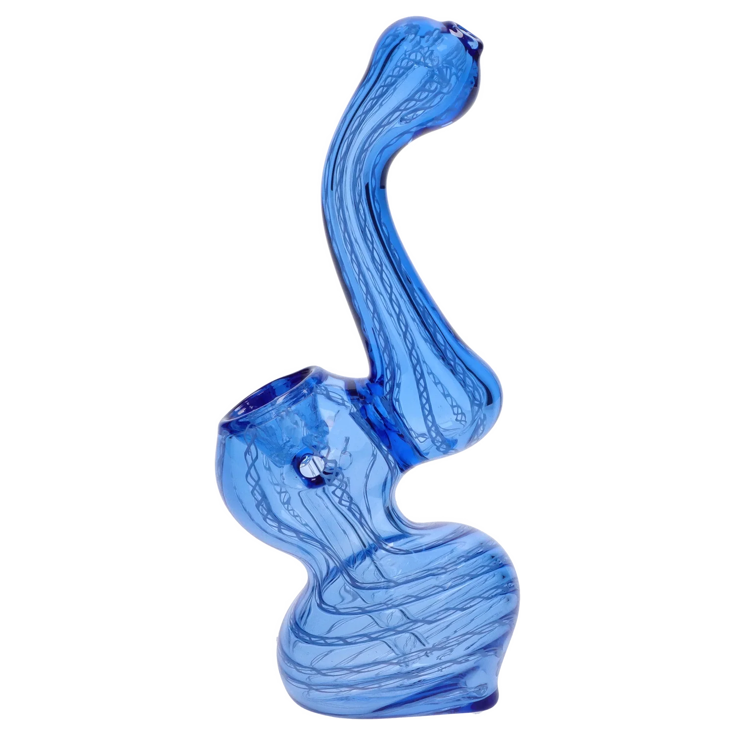 Angled side view of the blue Smoke Cartel Mini Bubbler with Colored Tube showing twisted internal cane patterns.