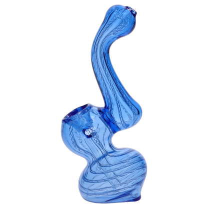Angled side view of the blue Smoke Cartel Mini Bubbler with Colored Tube showing twisted internal cane patterns.