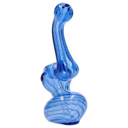 Angled close-up of the blue Smoke Cartel Mini Bubbler with Colored Tube showing its curved neck, bulbous base, and swirling internal ribbon pattern.