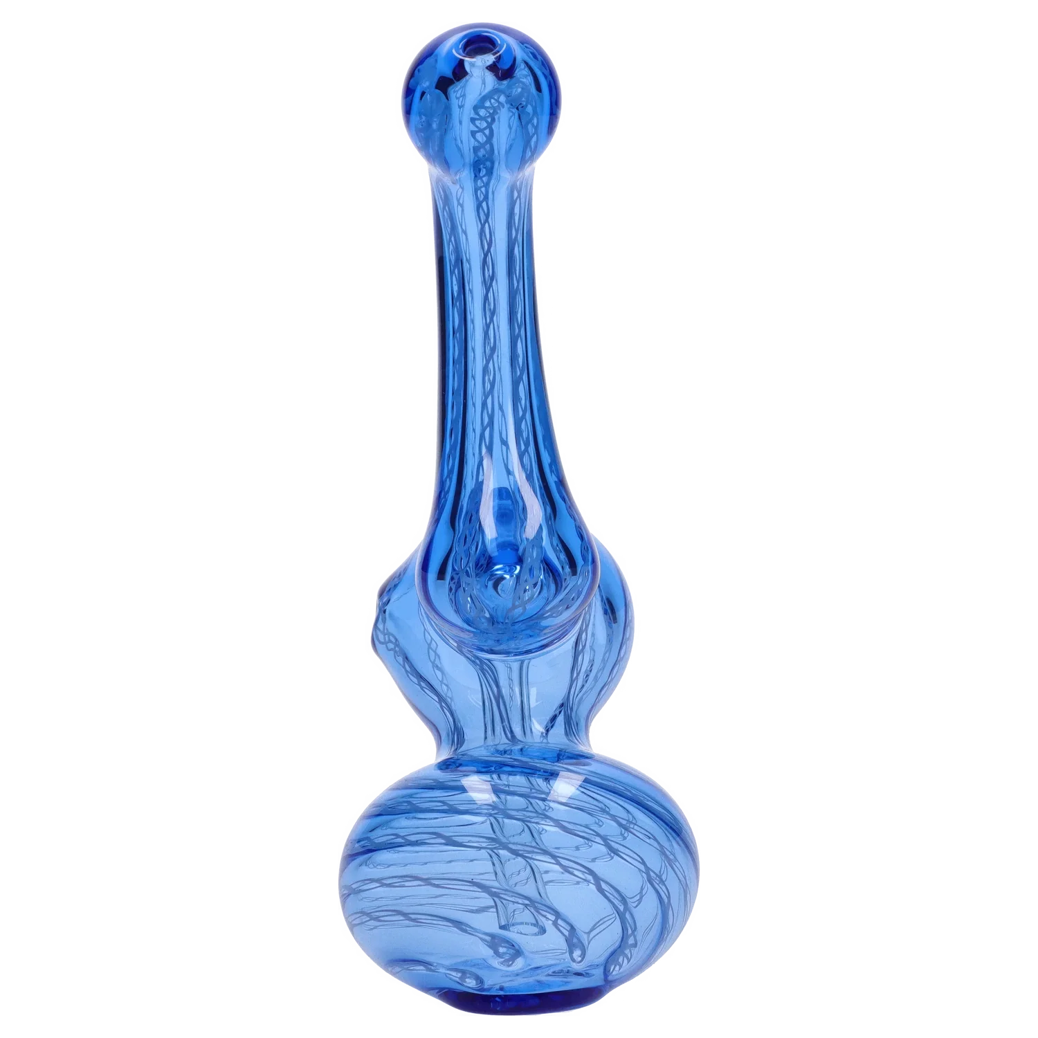 Top-down view of the blue Smoke Cartel Mini Bubbler with Colored Tube showing its elongated neck, bulbous base, and internal swirl patterns.