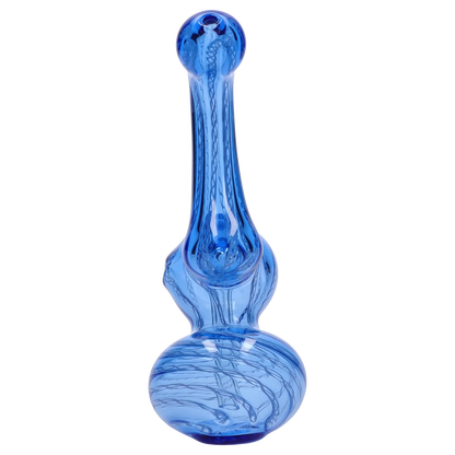Top-down view of the blue Smoke Cartel Mini Bubbler with Colored Tube showing its elongated neck, bulbous base, and internal swirl patterns.