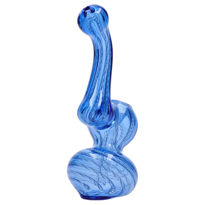 Diagonal close-up of the blue Smoke Cartel Mini Bubbler with Colored Tube showing its tall curved neck, rounded base, and internal swirl patterns