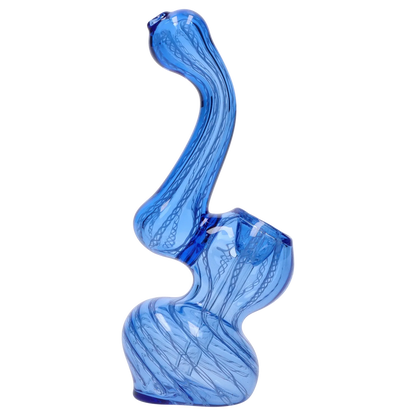 Side view of the Smoke Cartel Mini Bubbler with Colored Tube showing its curving blue glass body and internal twisted ribbon pattern.