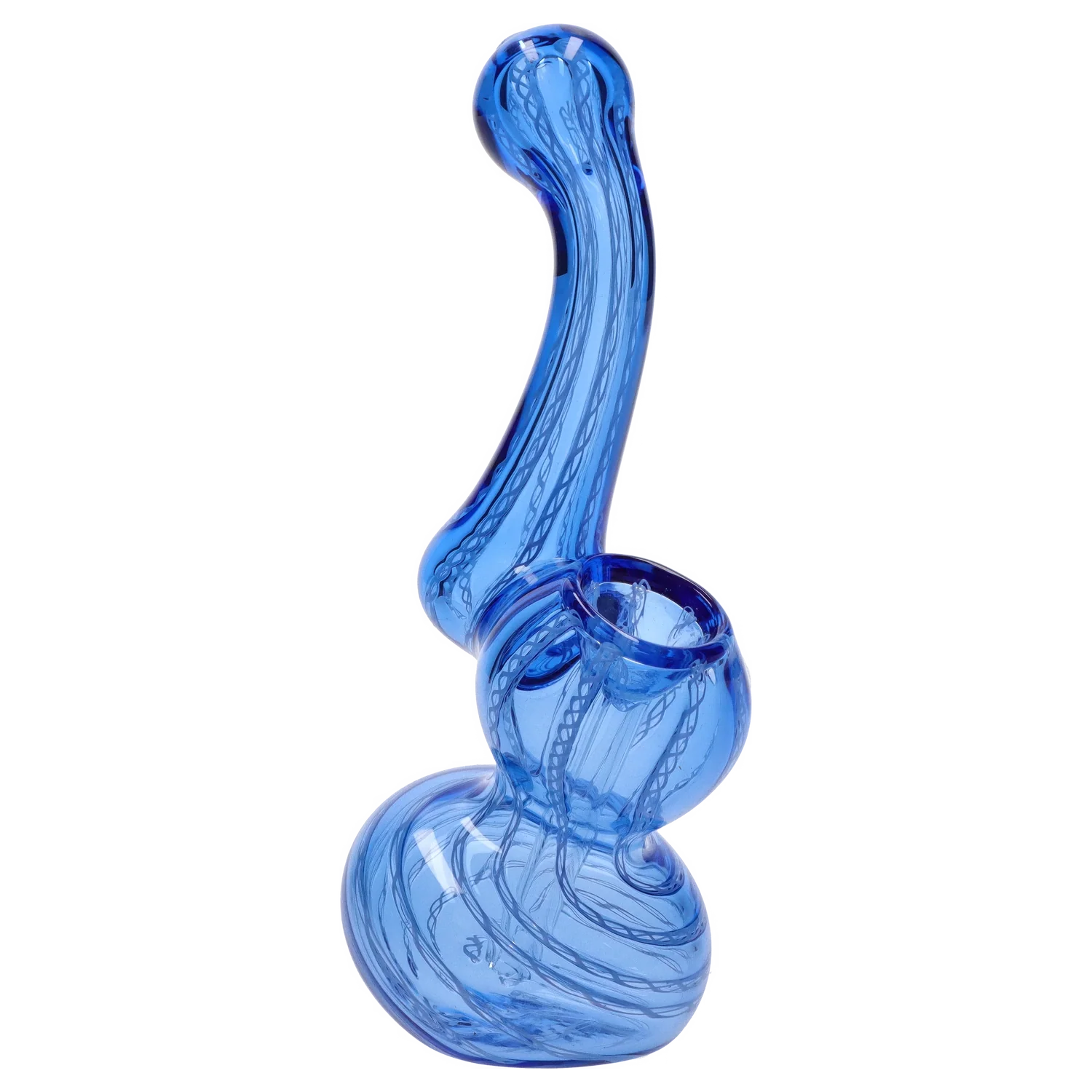 Angled close-up of a translucent blue Smoke Cartel Mini Bubbler with Colored Tube showing its curved neck, bulbous base, and internal swirl pattern