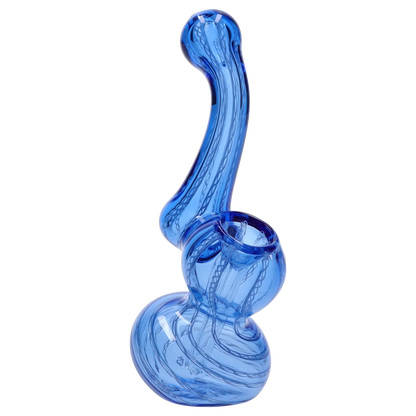 Angled close-up of a translucent blue Smoke Cartel Mini Bubbler with Colored Tube showing its curved neck, bulbous base, and internal swirl pattern