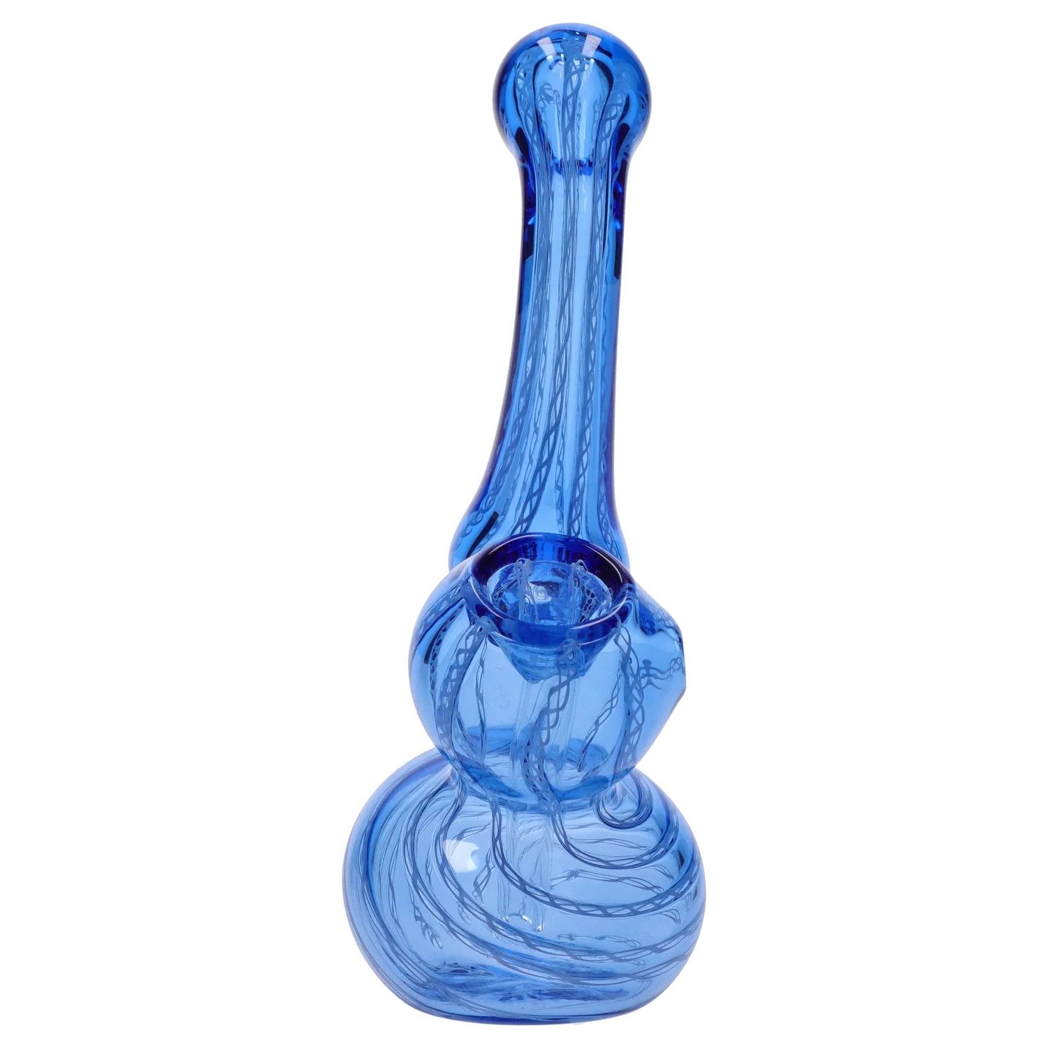 Straight-on view of the blue Smoke Cartel Mini Bubbler with Colored Tube showing its bulbous base, elongated neck, and swirling internal glass lines