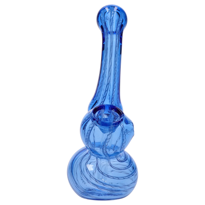 Straight-on view of the blue Smoke Cartel Mini Bubbler with Colored Tube showing its bulbous base, elongated neck, and swirling internal glass lines