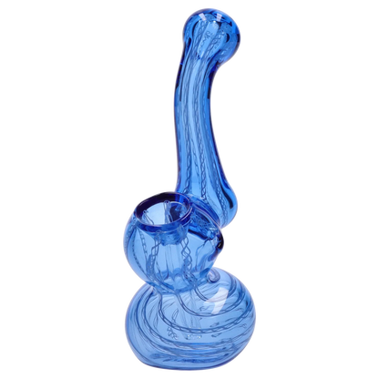 Close-up, angled view of the blue Smoke Cartel Mini Bubbler with Colored Tube showing its curving neck, bulbous chamber, and internal swirled glass patterns