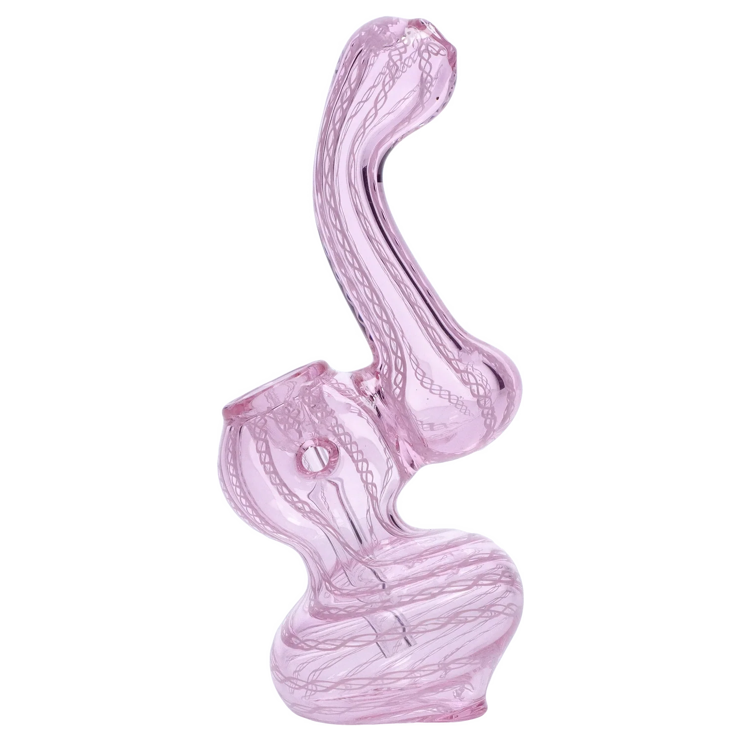 Side view of the pink Smoke Cartel Mini Bubbler with Colored Tube showing its twisted spiral base and curved neck against a white background