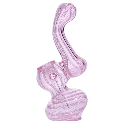 Side view of the pink Smoke Cartel Mini Bubbler with Colored Tube showing its twisted spiral base and curved neck against a white background