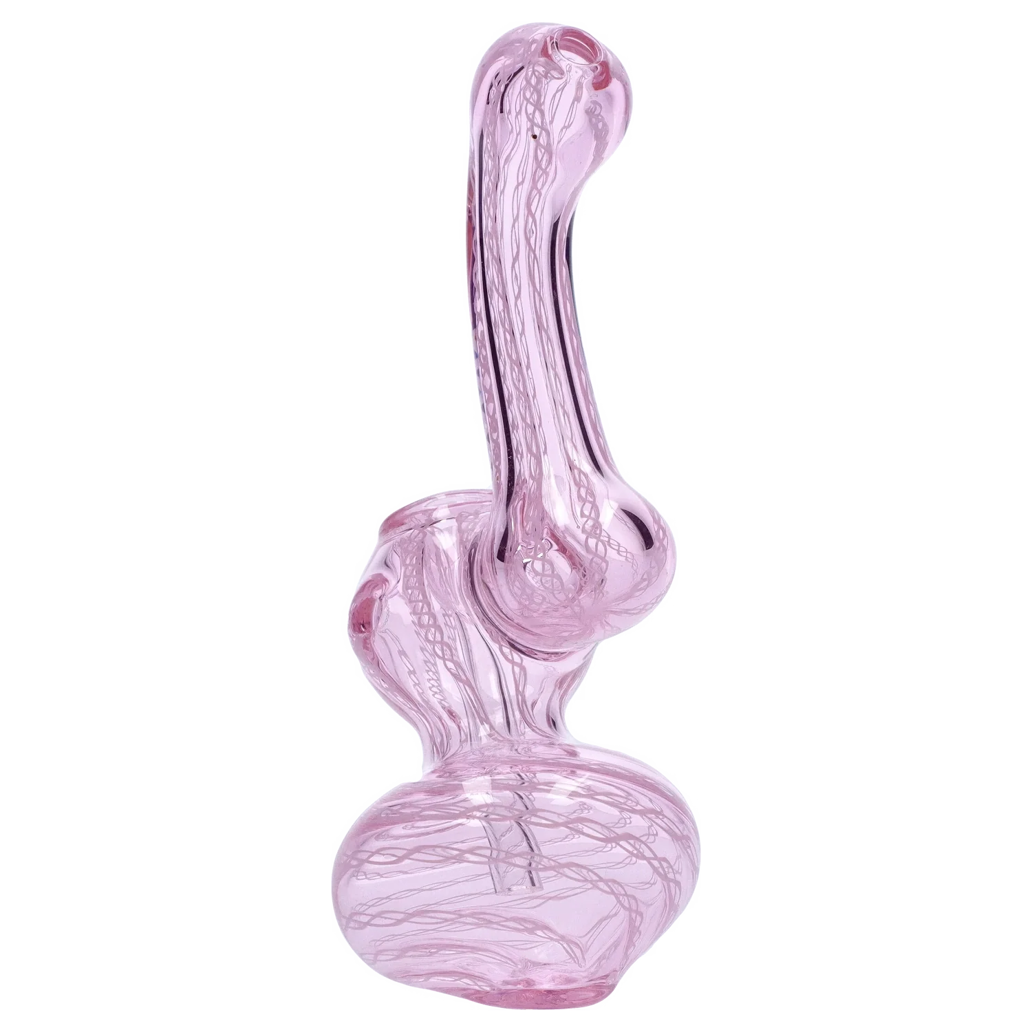 Tall angled view of the Smoke Cartel Mini Bubbler with Colored Tube in translucent pink glass showing its bulbous base, curved neck, and internal swirl lines