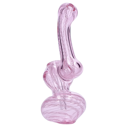 Tall angled view of the Smoke Cartel Mini Bubbler with Colored Tube in translucent pink glass showing its bulbous base, curved neck, and internal swirl lines