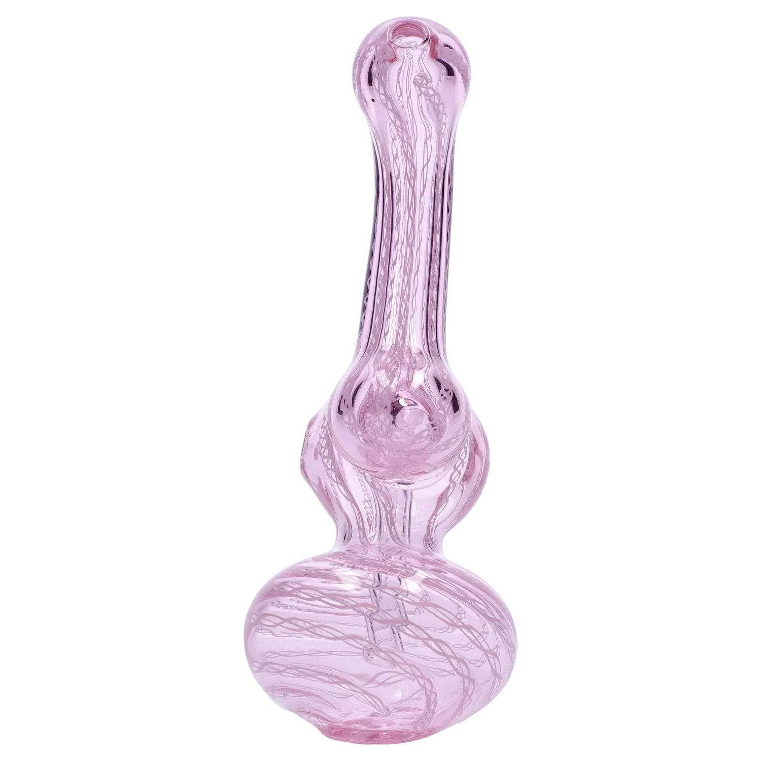 High-angle view of a pale pink Smoke Cartel Mini Bubbler with Colored Tube showing its rounded base, long neck, and internal swirled glass threads
