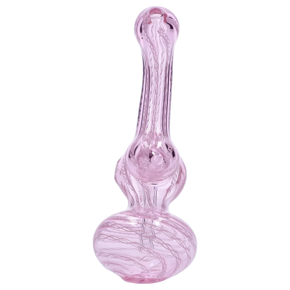 High-angle view of a pale pink Smoke Cartel Mini Bubbler with Colored Tube showing its rounded base, long neck, and internal swirled glass threads