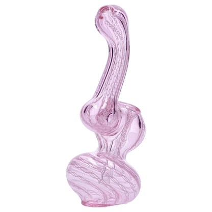 Tall side view of a translucent pink Smoke Cartel Mini Bubbler with Colored Tube showing its curved neck, bulbous chambers, and internal swirled cane pattern against a white background.