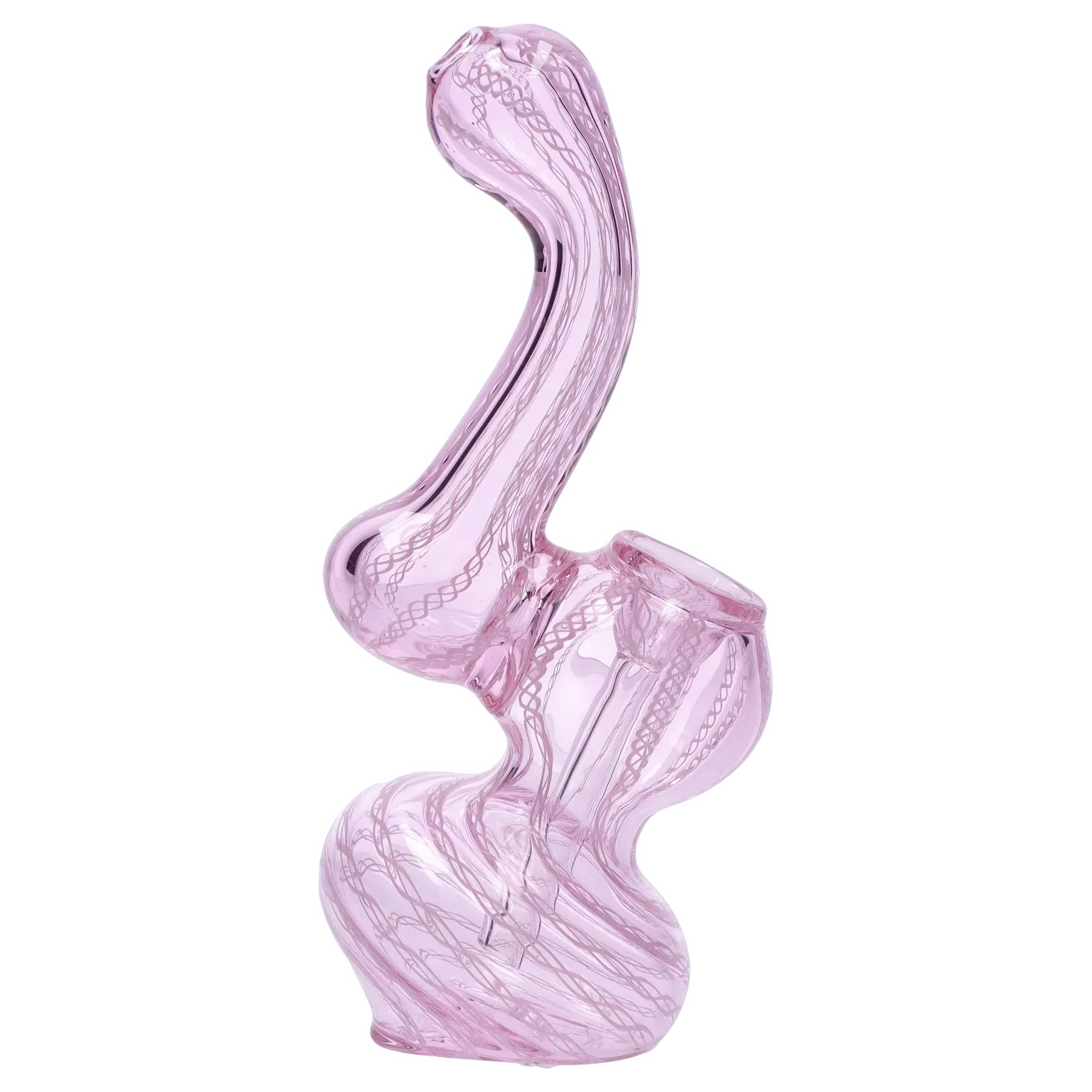 Angled profile of the Smoke Cartel Mini Bubbler with Colored Tube in translucent pink glass showing its curved neck, spiraled internal cane pattern, and rounded base.
