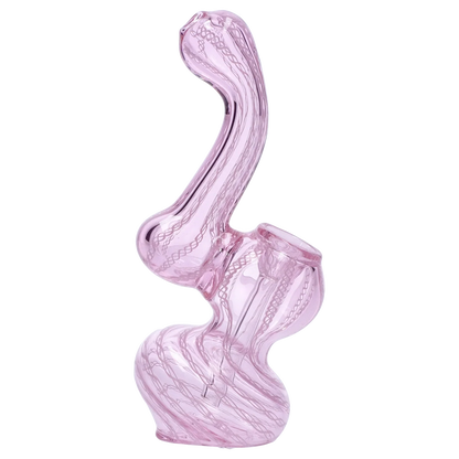 Angled profile of the Smoke Cartel Mini Bubbler with Colored Tube in translucent pink glass showing its curved neck, spiraled internal cane pattern, and rounded base.