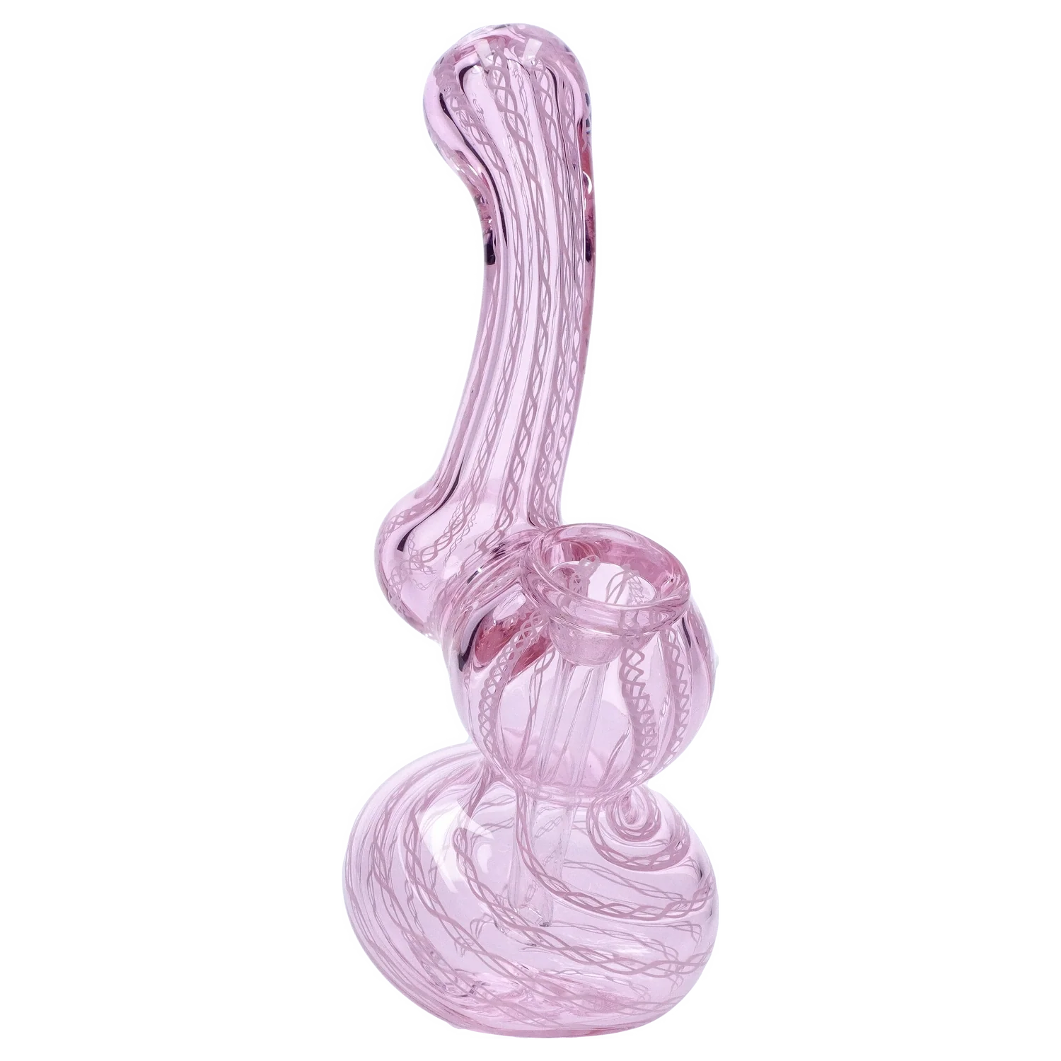 Angled front view of a translucent pink Smoke Cartel Mini Bubbler with Colored Tube showing its swirled glass patterns and rounded chamber.