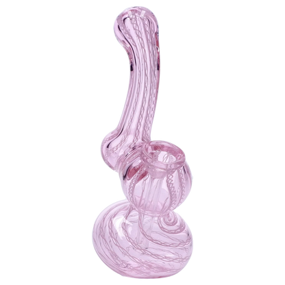 Angled front view of a translucent pink Smoke Cartel Mini Bubbler with Colored Tube showing its swirled glass patterns and rounded chamber.