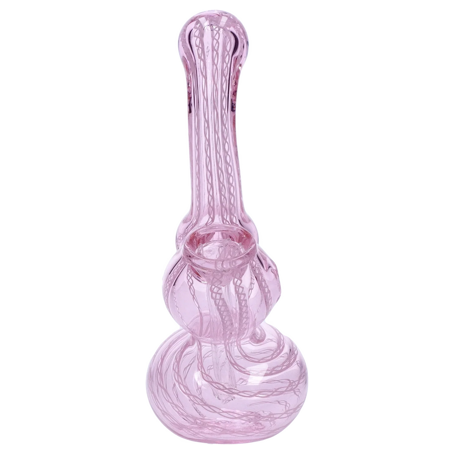 Top-down view of a pale pink Smoke Cartel Mini Bubbler with Colored Tube showing its rounded base, long neck, and internal twisted glass ribbon pattern.
