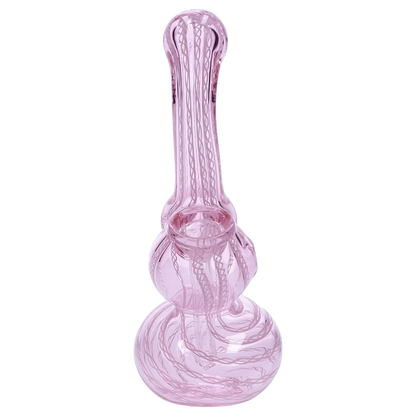 Top-down view of a pale pink Smoke Cartel Mini Bubbler with Colored Tube showing its rounded base, long neck, and internal twisted glass ribbon pattern.