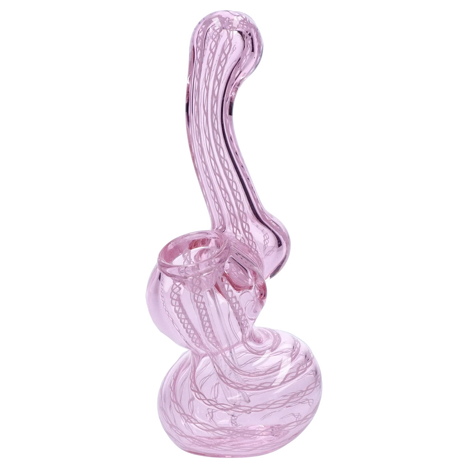 Angled side view of the translucent pink Smoke Cartel Mini Bubbler with Colored Tube showing its swirled glass body and tall curved neck.