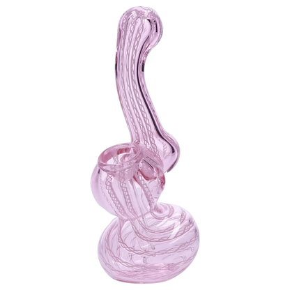 Angled side view of the translucent pink Smoke Cartel Mini Bubbler with Colored Tube showing its swirled glass body and tall curved neck.